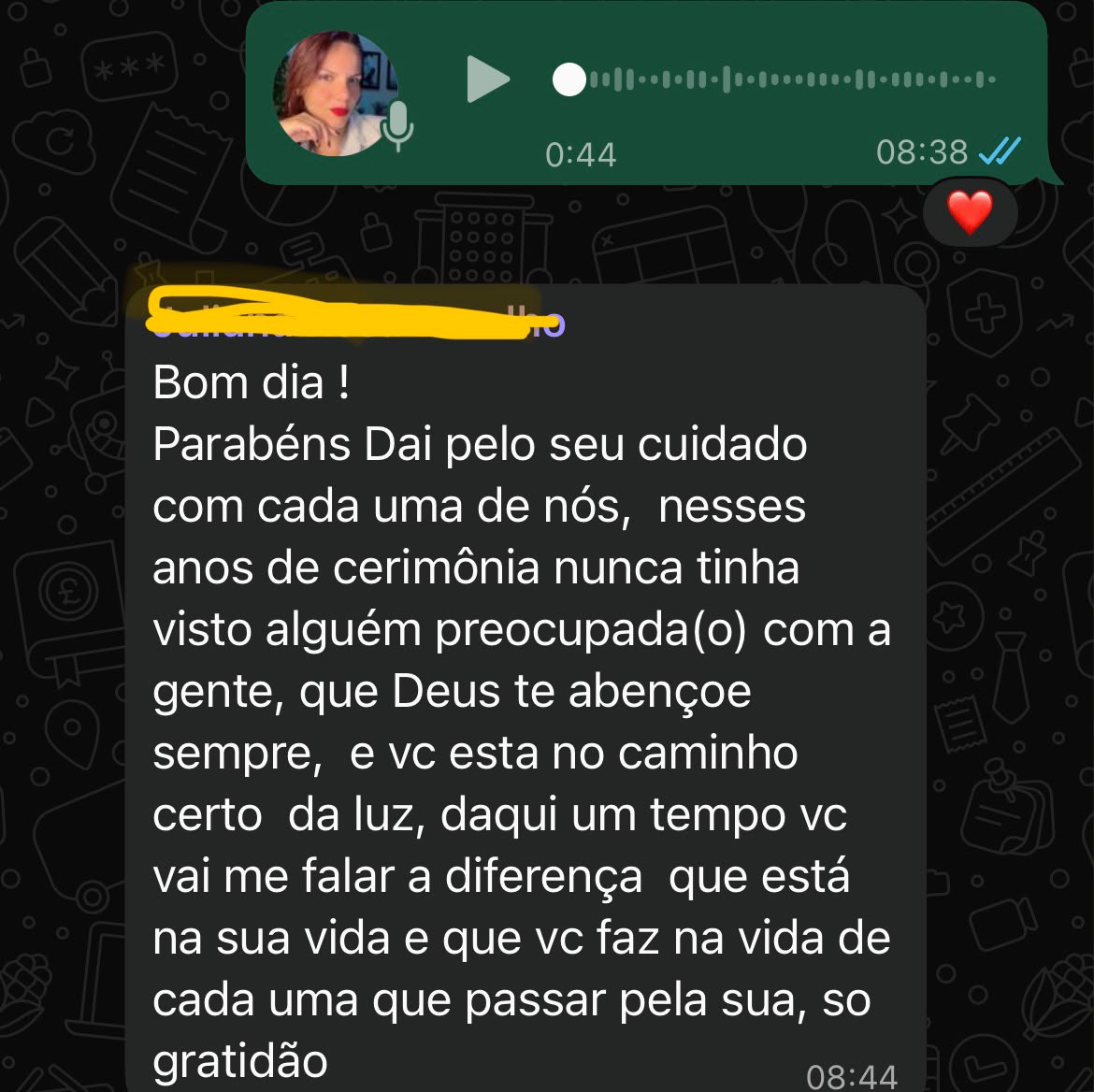 Depoimento original recebido pelo WhatsApp